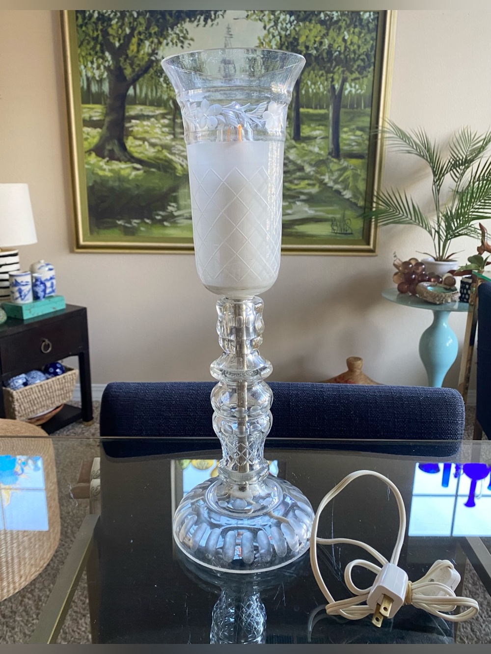 Vintage Signed Czechoslovakia Cut Crystal Hurricane Table Lamp Etched Glass